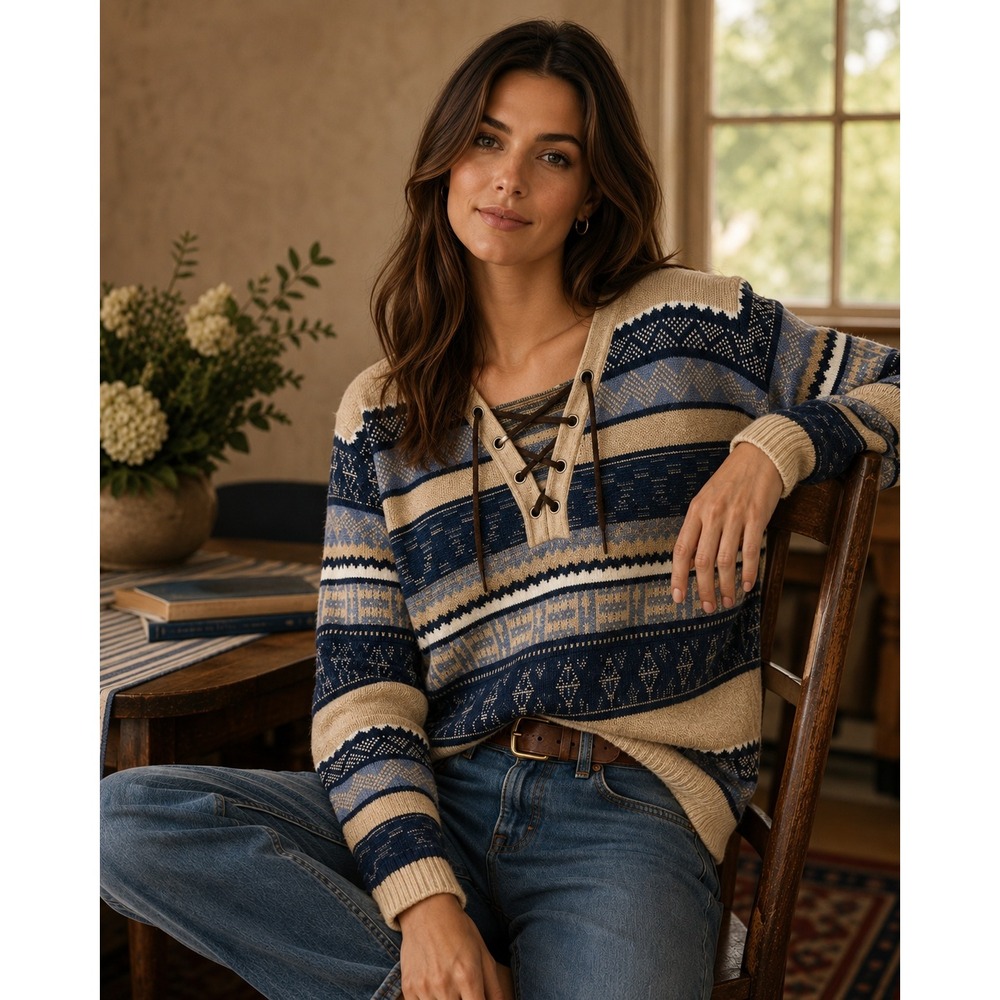Chaps Women's Tan Blue Geometric Print Lace Up V Neck Sweater PXL